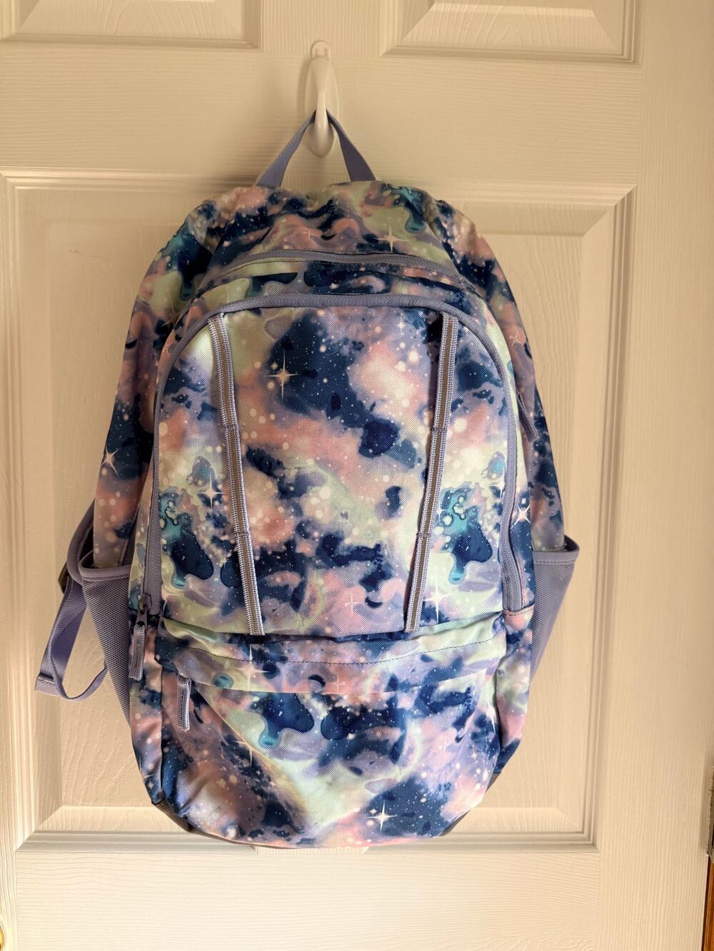 Lands' End ClassMate Backpack in a galaxy print pattern with blue & purple tones